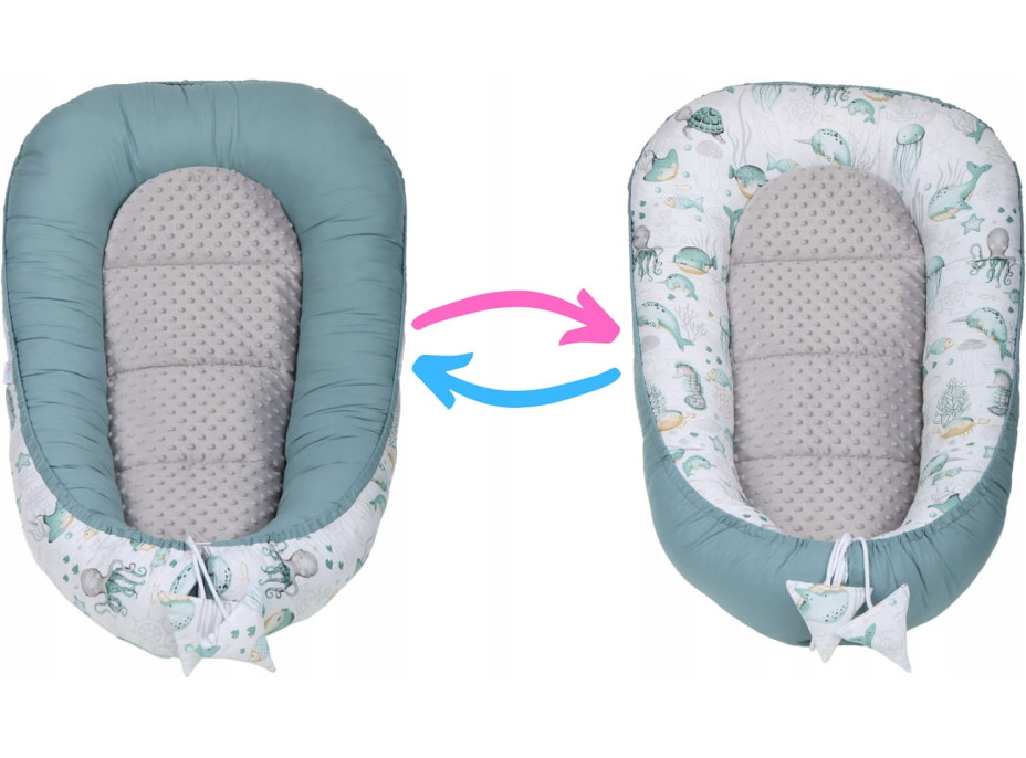 Oboustranné hnízdečko (kokon) pro miminko - BABYMAM PREMIUM set 7v1 - Mořský svět s šedou minky