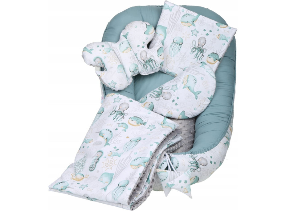 Oboustranné hnízdečko (kokon) pro miminko - BABYMAM PREMIUM set 7v1 - Mořský svět s šedou minky