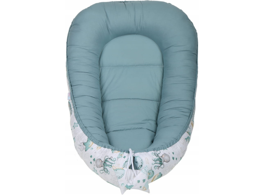 Oboustranné hnízdečko (kokon) pro miminko - BABYMAM PREMIUM set 7v1 - Mořský svět s šedou minky