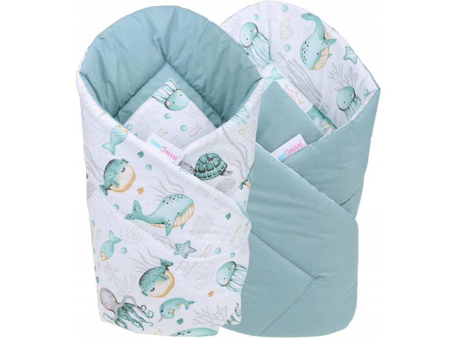 Oboustranné hnízdečko (kokon) pro miminko - BABYMAM PREMIUM set 7v1 - Mořský svět s šedou minky