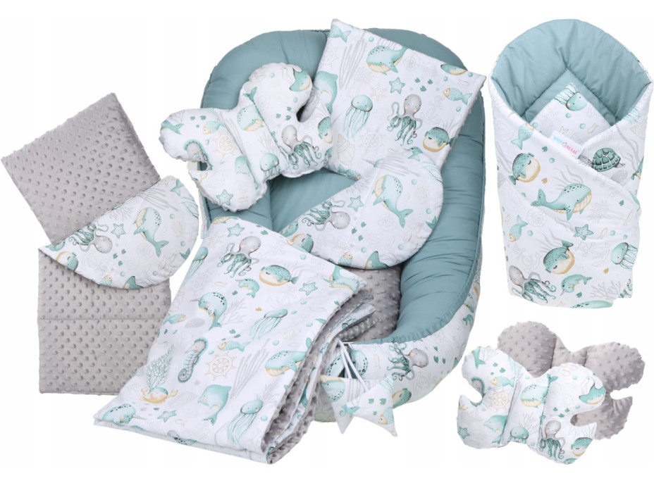 Oboustranné hnízdečko (kokon) pro miminko - BABYMAM PREMIUM set 7v1 - Mořský svět s šedou minky