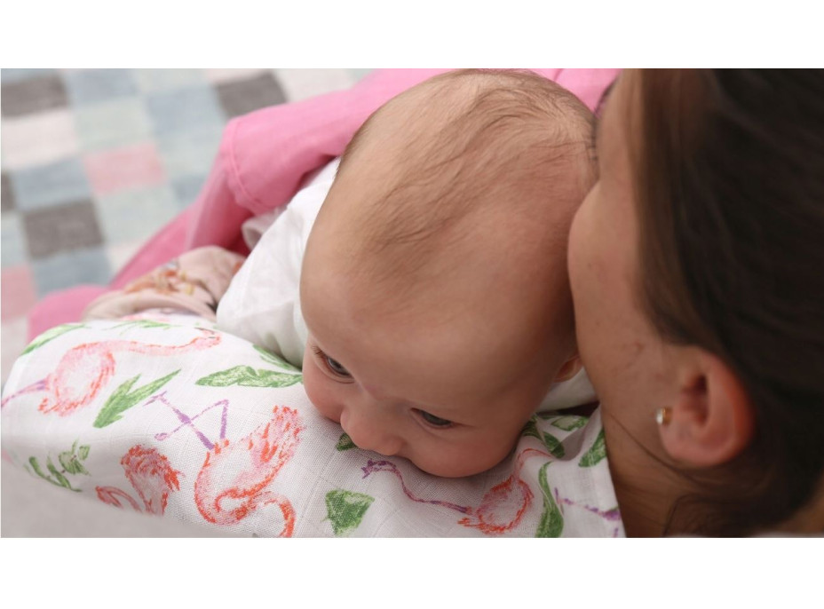 Dětská mušelínová plenka (zavinovačka) BABYMAM PREMIUM 120x120 cm - Plameňáci