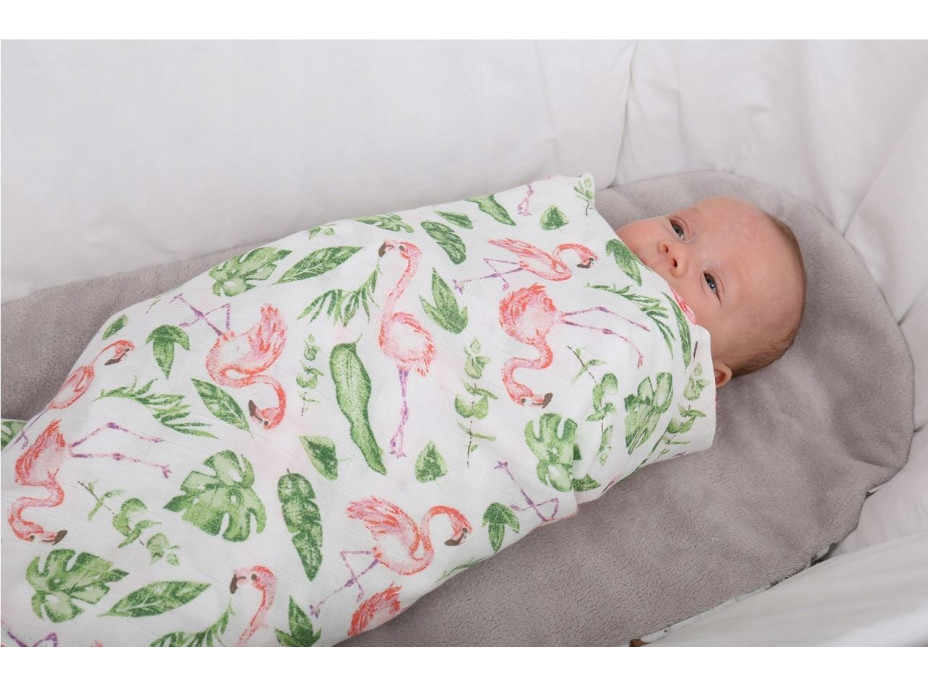 Dětská mušelínová plenka (zavinovačka) BABYMAM PREMIUM 120x120 cm - Plameňáci