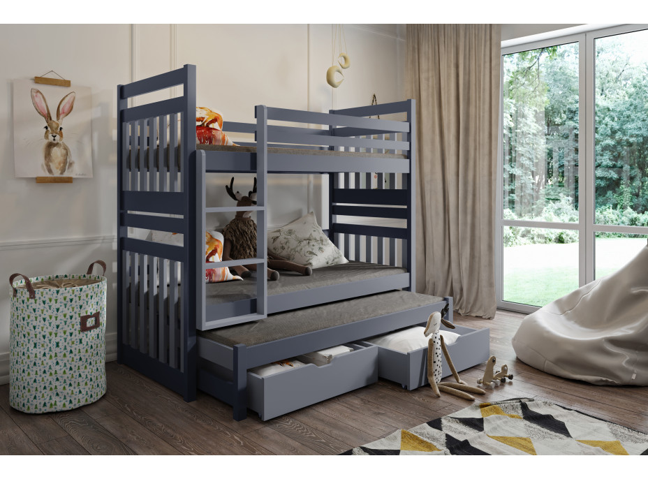 Dětská patrová postel z masivu borovice SAMBOR s přistýlkou a šuplíky - 200x90 cm - grafit/šedá