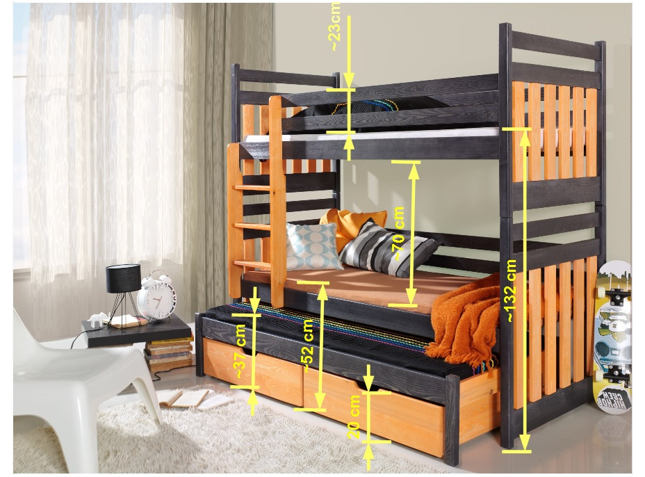 Dětská patrová postel z masivu borovice SAMBOR s přistýlkou a šuplíky - 200x90 cm - bílá