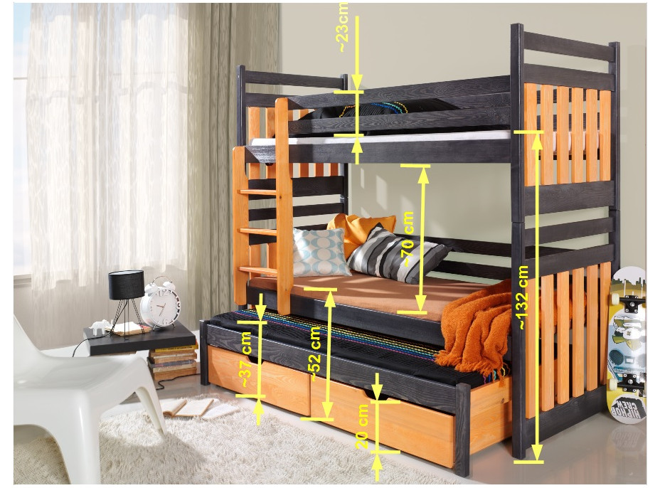 Dětská patrová postel z masivu borovice SAMBOR s přistýlkou a šuplíky - 200x90 cm - grafit/šedá