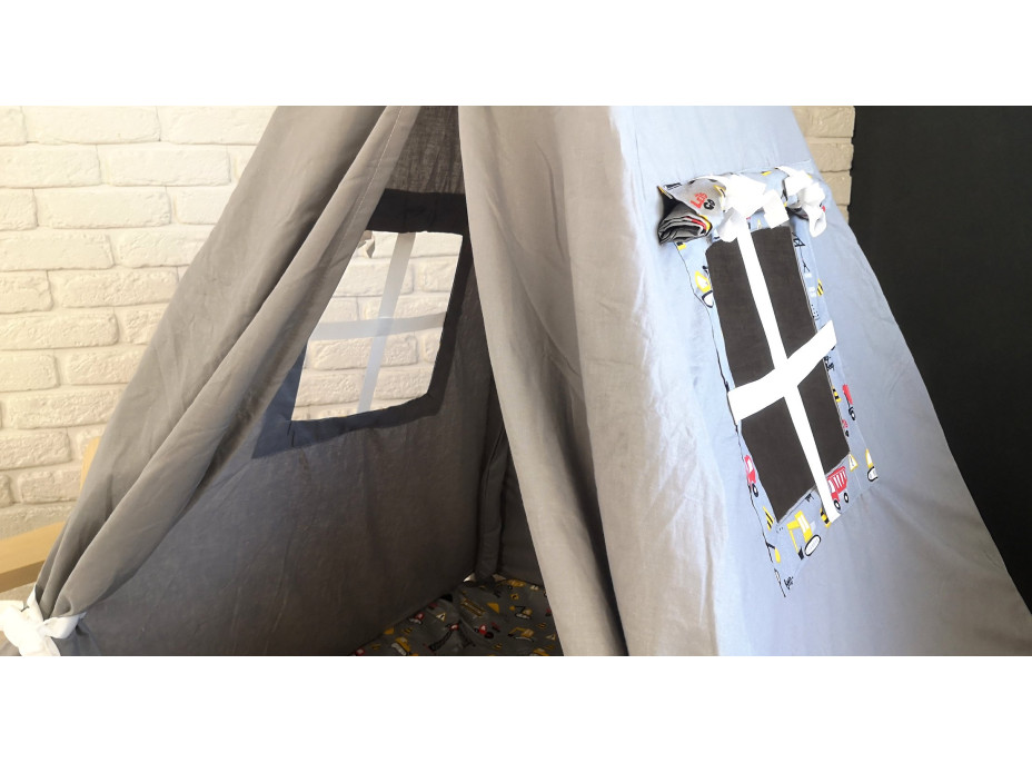 Dětský stan TEEPEE (TÝPÍ) STAVEBNÍ STROJE s doplňky - šedý