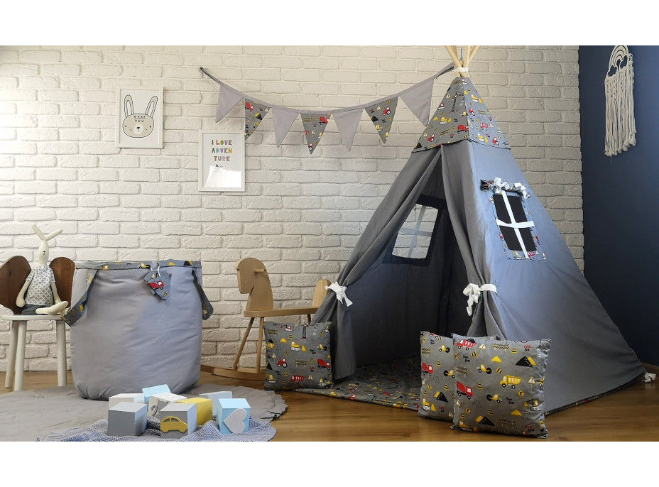 Dětský stan TEEPEE (TÝPÍ) STAVEBNÍ STROJE s doplňky - šedý
