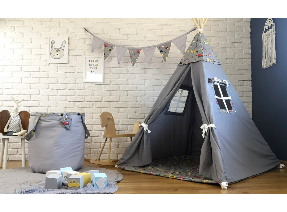Dětský stan TEEPEE (TÝPÍ) STAVEBNÍ STROJE s doplňky - šedý