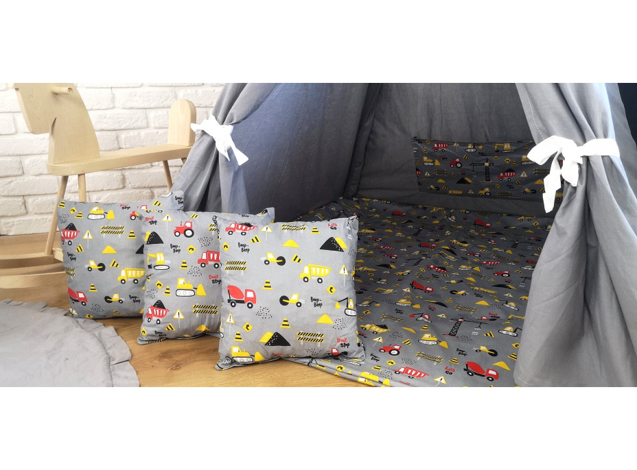 Dětský stan TEEPEE (TÝPÍ) STAVEBNÍ STROJE s doplňky - šedý