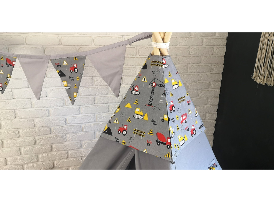 Dětský stan TEEPEE (TÝPÍ) STAVEBNÍ STROJE s doplňky - šedý