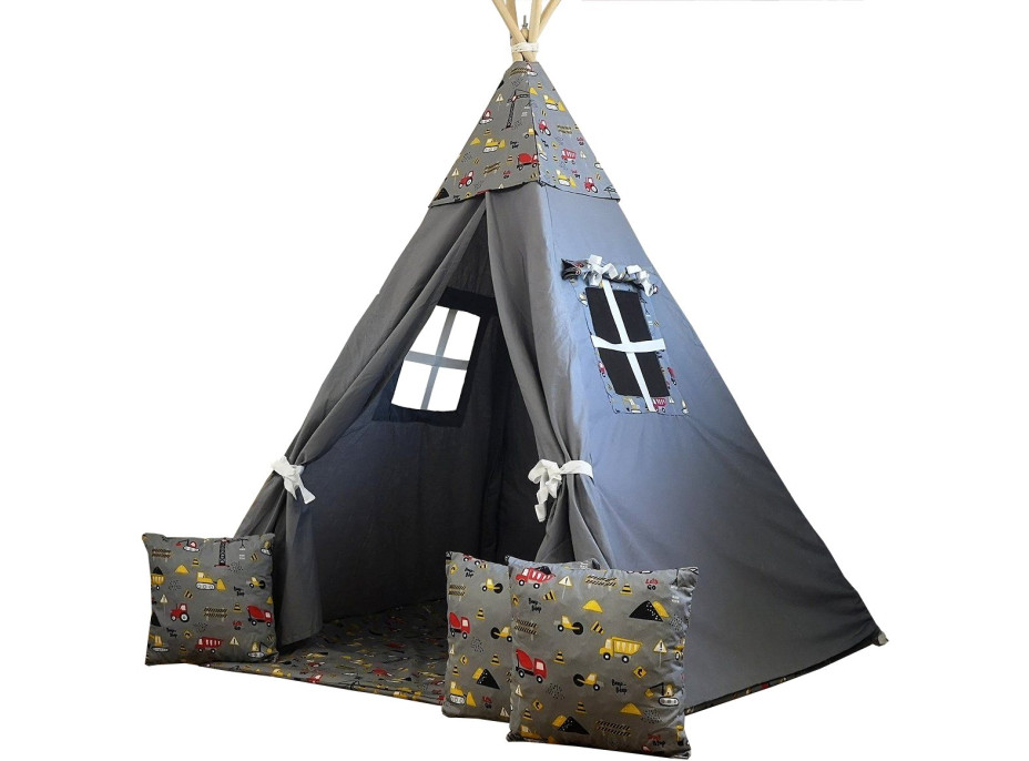 Dětský stan TEEPEE (TÝPÍ) STAVEBNÍ STROJE s doplňky - šedý