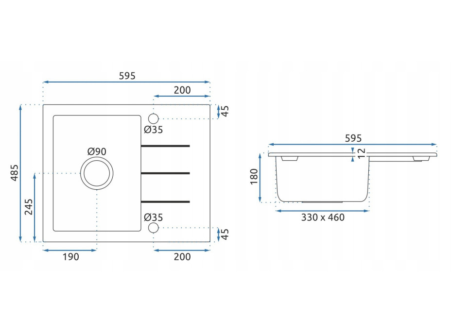 Kuchyňský granitový dřez REA NORTH - 48,5 x 59,5 cm - metalický černý