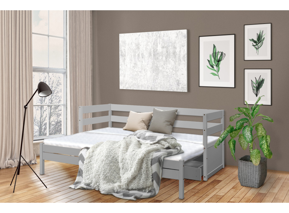 Dětská postel s výsuvnou přistýlkou z MASIVU 200x80 cm KANGU - šedá