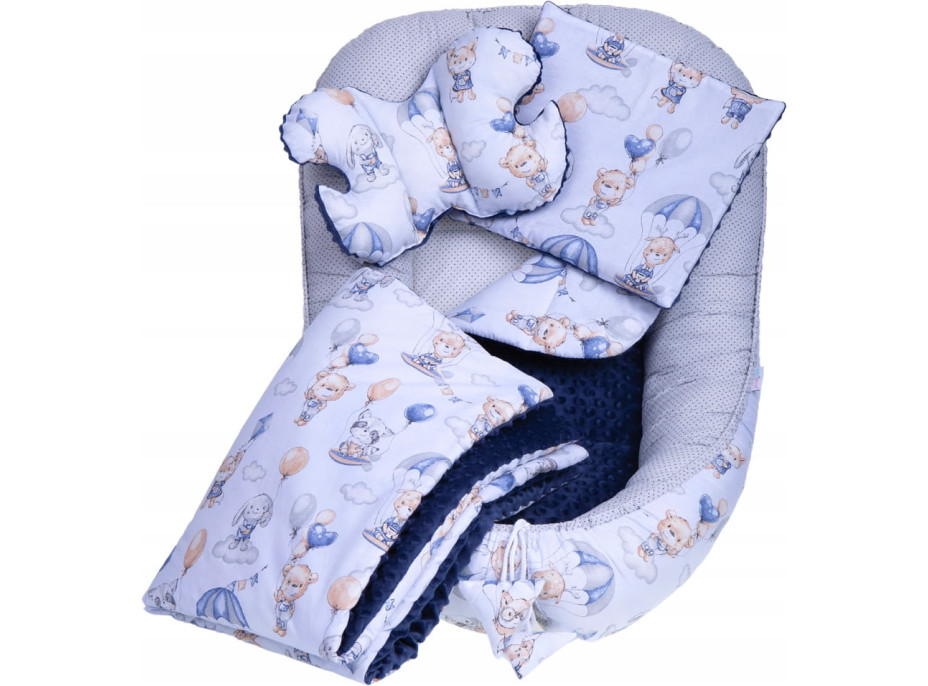 Oboustranné hnízdečko (kokon) pro miminko - BABYMAM PREMIUM set 7v1 - Procházka v oblacích s tmavě modrou minky