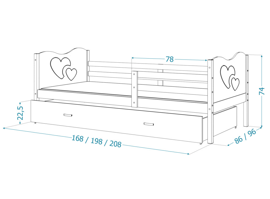 Dětská postel se šuplíkem MAX S - 200x90 cm - bílo-šedá - srdíčka