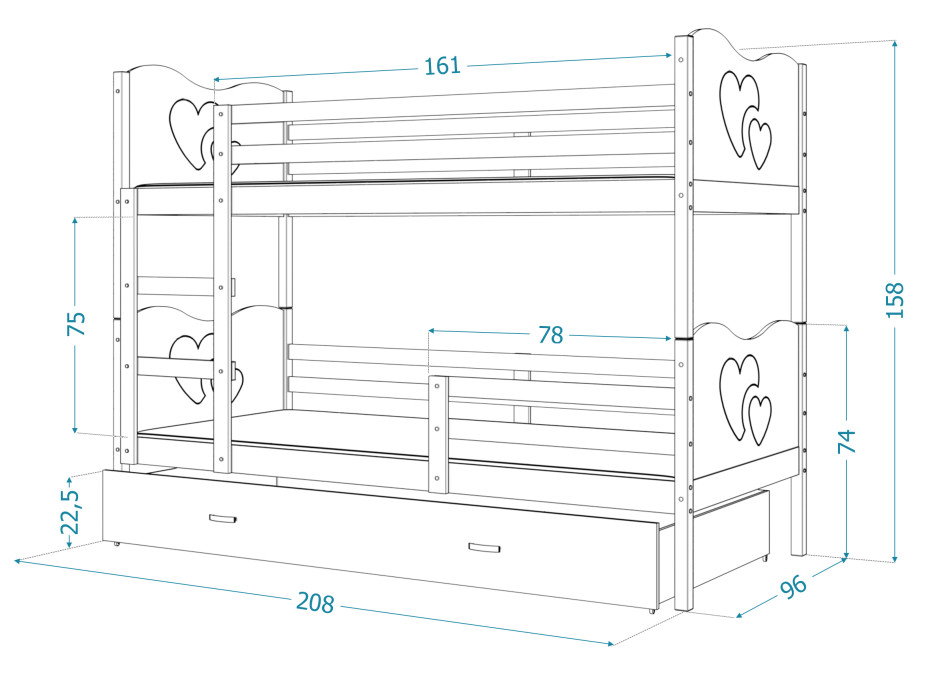 Dětská patrová postel se šuplíkem MAX R - 200x90 cm - růžová/borovice - motýlci