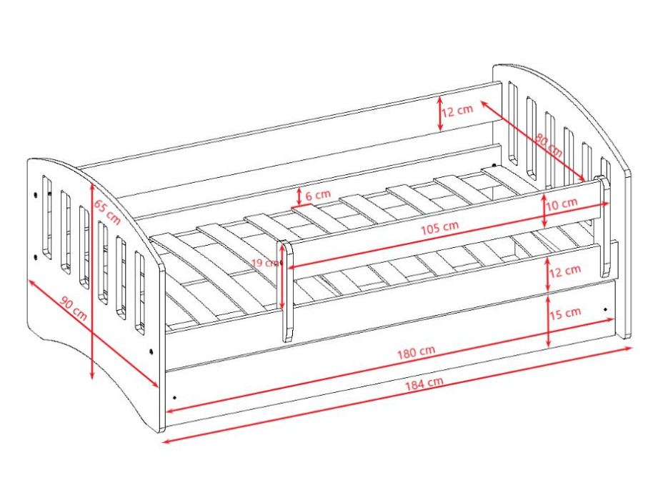 Dětská postel CLASSIC bez šuplíku - bílá 180x80 cm