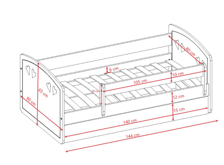 Dětská srdíčková postel JULIE se šuplíkem - růžová 140x80 cm