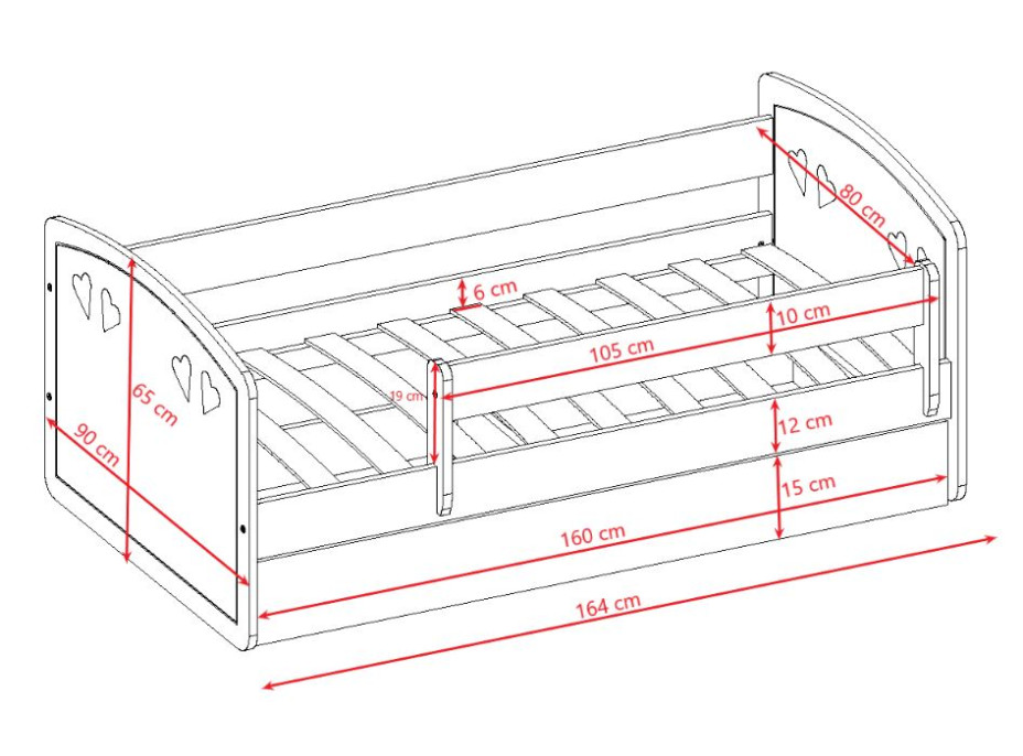 Dětská srdíčková postel JULIE se šuplíkem - šedá 160x80 cm