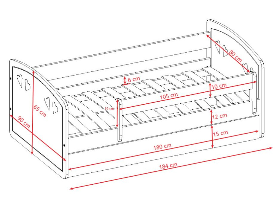 Dětská srdíčková postel JULIE se šuplíkem - šedá 180x80 cm