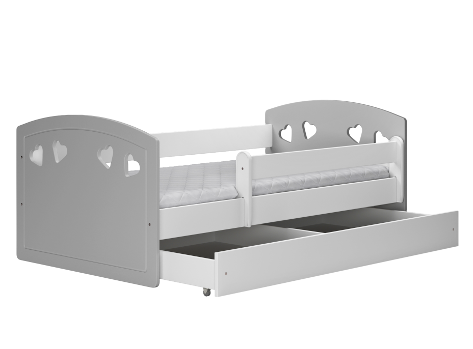 Dětská srdíčková postel JULIE se šuplíkem - šedá 180x80 cm