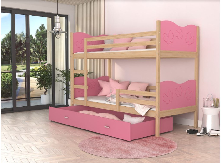 Dětská patrová postel se šuplíkem MAX R - 200x90 cm - růžová/borovice - motýlci