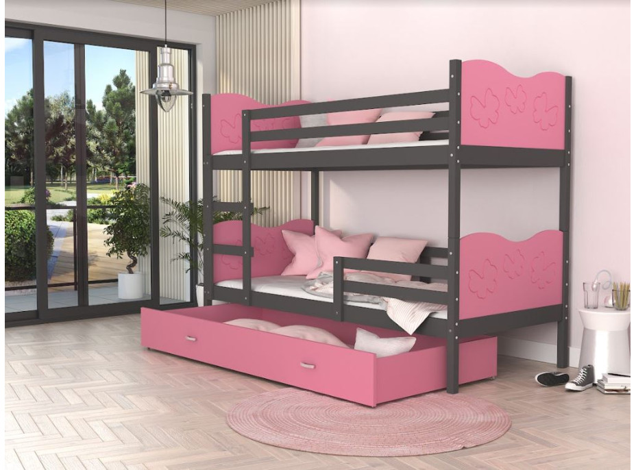 Dětská patrová postel se šuplíkem MAX R - 200x90 cm - růžovo-šedá - motýlci