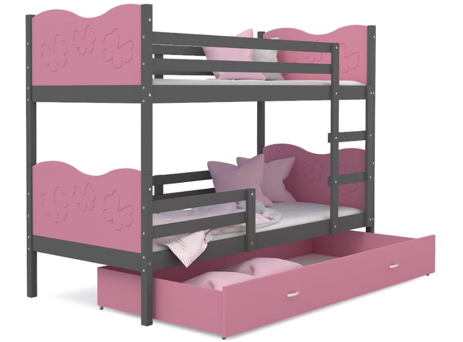 Dětská patrová postel se šuplíkem MAX R - 200x90 cm - růžovo-šedá - motýlci