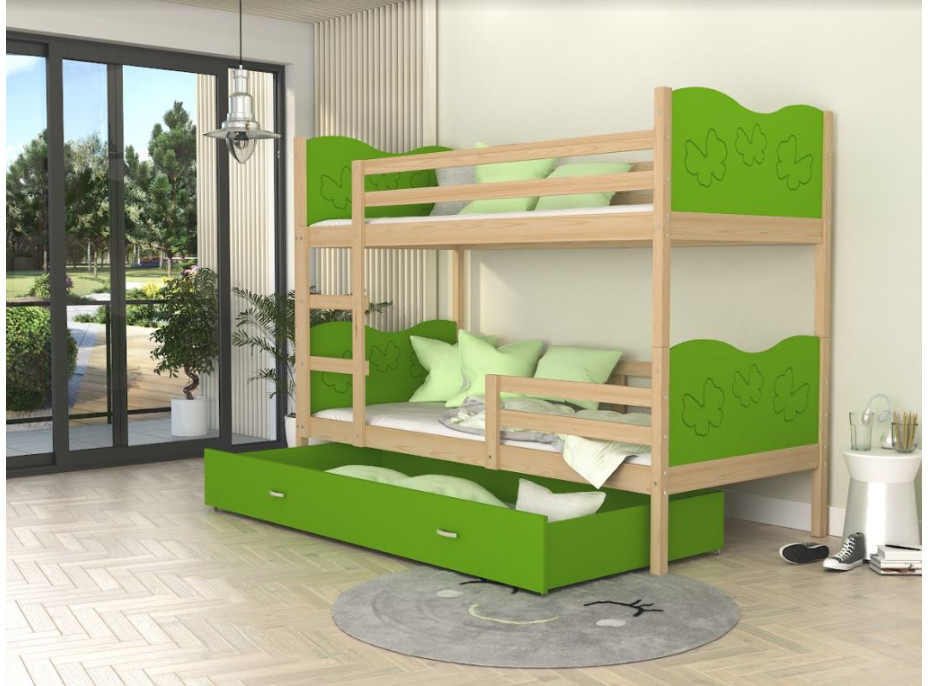 Dětská patrová postel se šuplíkem MAX R - 200x90 cm - zelená/borovice - motýlci