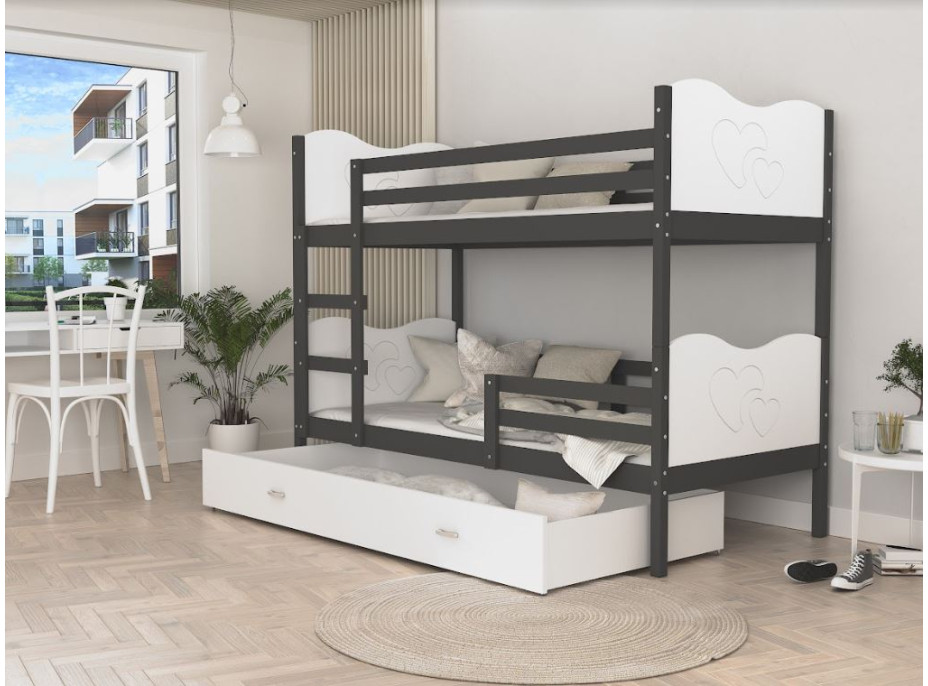 Dětská patrová postel se šuplíkem MAX R - 200x90 cm - bílo-šedá - srdíčka