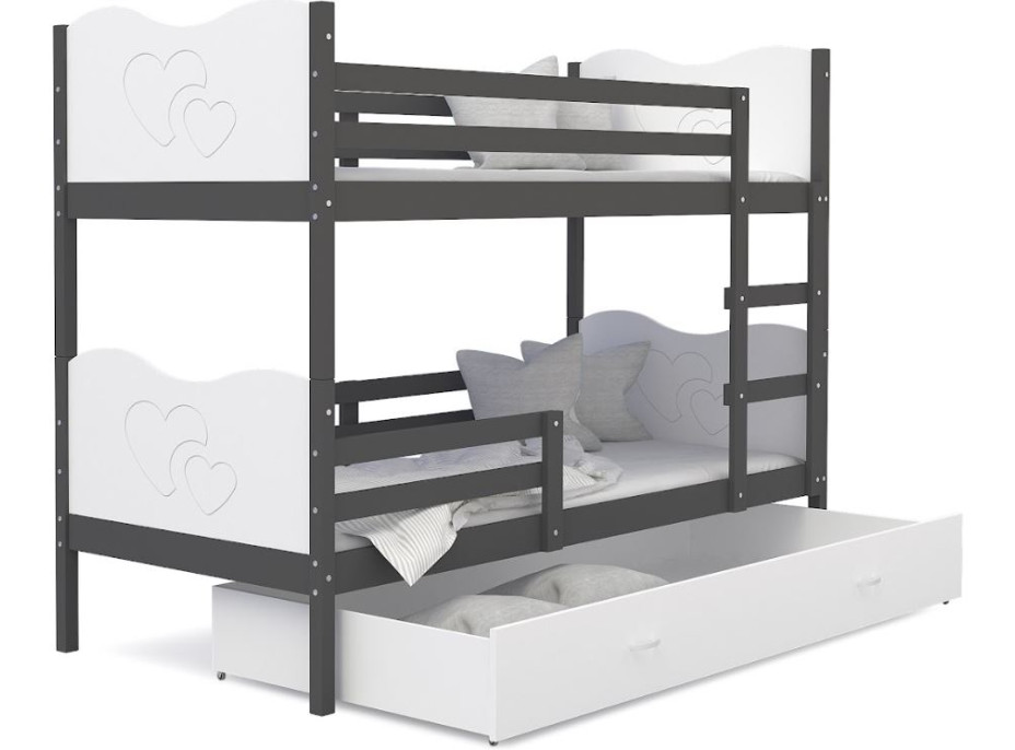 Dětská patrová postel se šuplíkem MAX R - 200x90 cm - bílo-šedá - srdíčka
