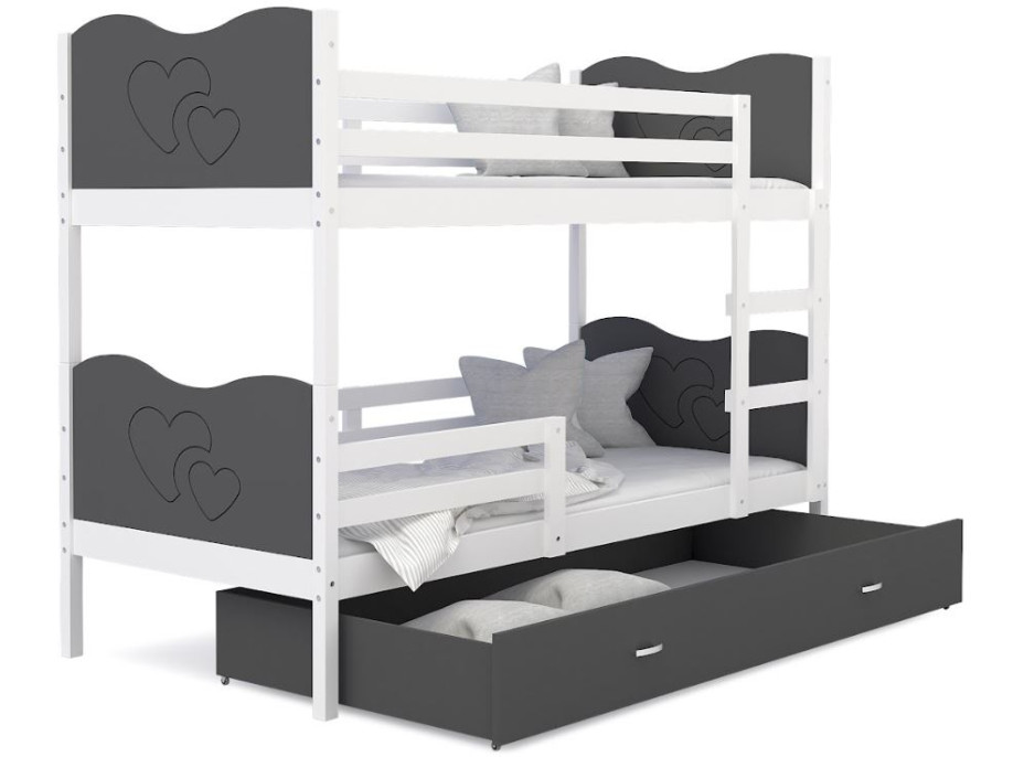 Dětská patrová postel se šuplíkem MAX R - 200x90 cm - šedo-bílá - srdíčka