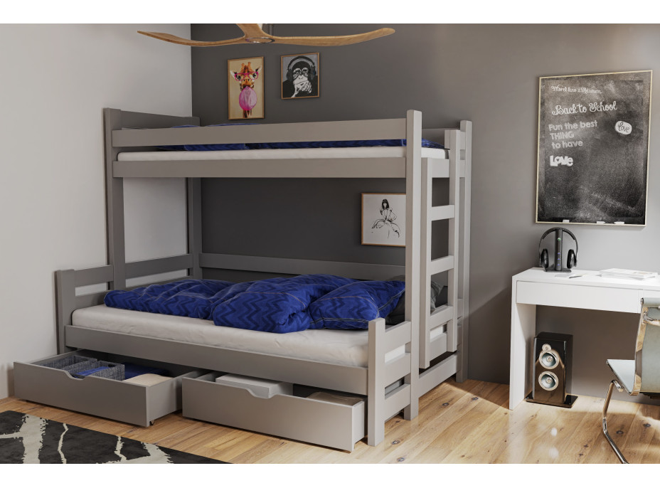 Dětská patrová postel s rozšířeným spodním lůžkem a šuplíky BENJAMIN - šedá - 200x90/120 cm