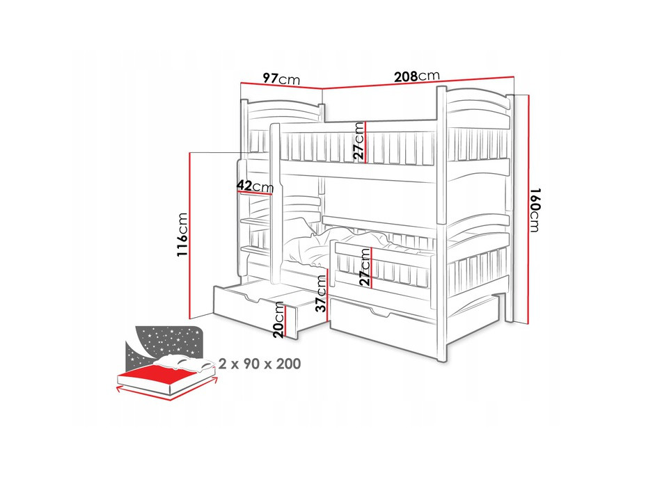 Dětská patrová postel z masivu DOMINIK II se šuplíky - 200x90 cm - bílá