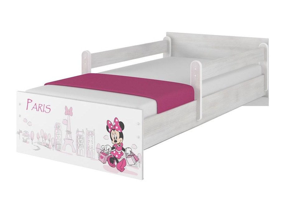 Dětská postel MAX bez šuplíku Disney - MINNIE PARIS 180x90 cm NORSKÁ BOROVICE - 2x krátká zábrana