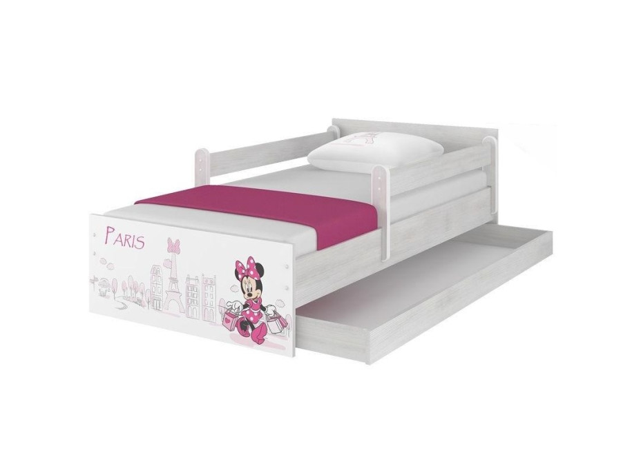 Dětská postel MAX bez šuplíku Disney - MINNIE PARIS 180x90 cm NORSKÁ BOROVICE - 2x krátká zábrana