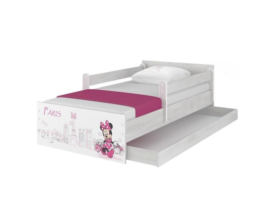 Dětská postel MAX se šuplíkem Disney - MINNIE PARIS 180x90 cm NORSKÁ BOROVICE - 2x krátká zábrana