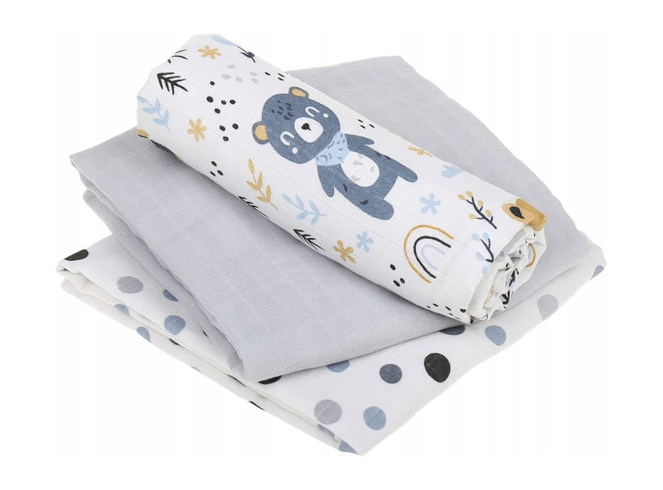 Dětské mušelínové pleny BABYMAM PREMIUM 70x75 cm - sada 3 ks - Zvířecí kamarádi a puntíky