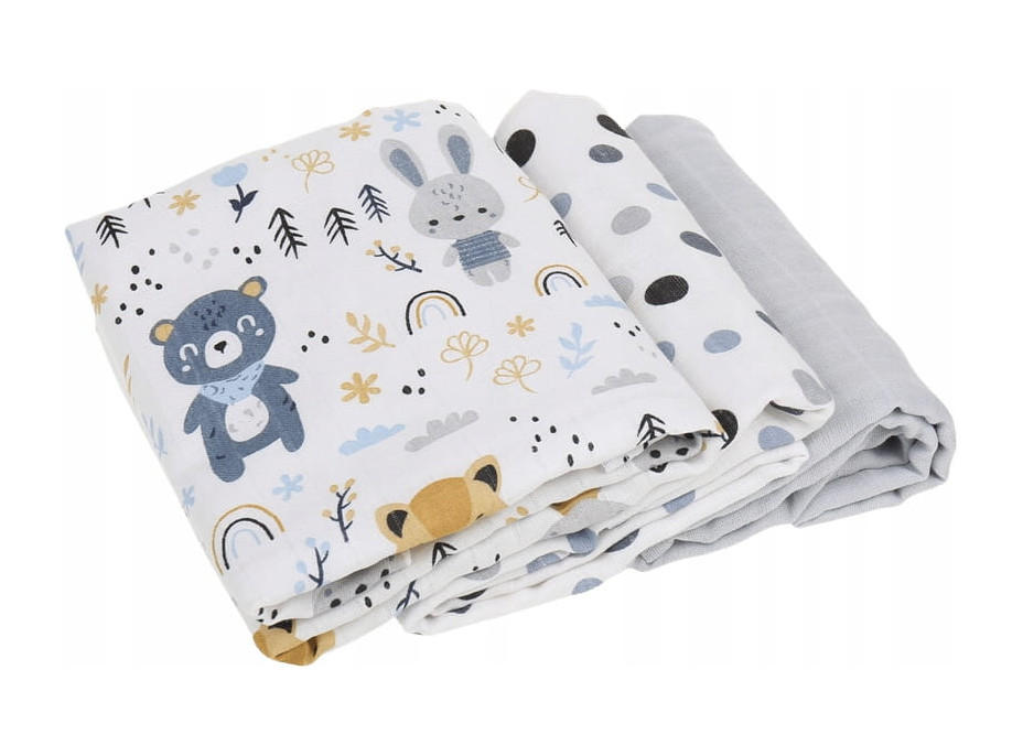 Dětské mušelínové pleny BABYMAM PREMIUM 70x75 cm - sada 3 ks - Zvířecí kamarádi a puntíky