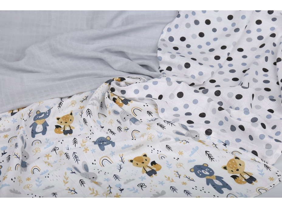 Dětské mušelínové pleny BABYMAM PREMIUM 70x75 cm - sada 3 ks - Zvířecí kamarádi a puntíky
