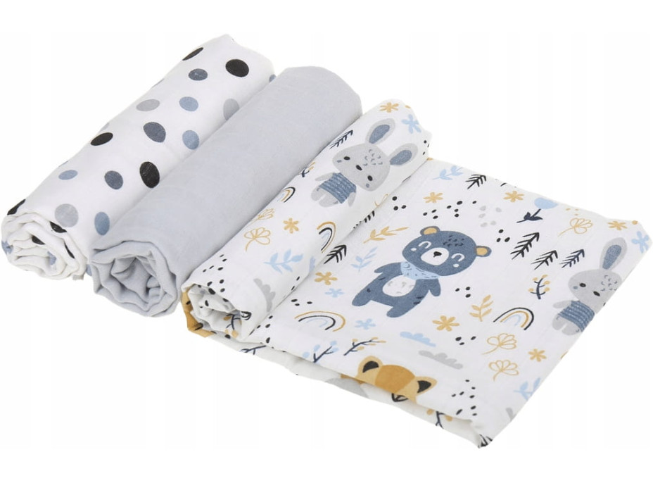 Dětské mušelínové pleny BABYMAM PREMIUM 70x75 cm - sada 3 ks - Zvířecí kamarádi a puntíky
