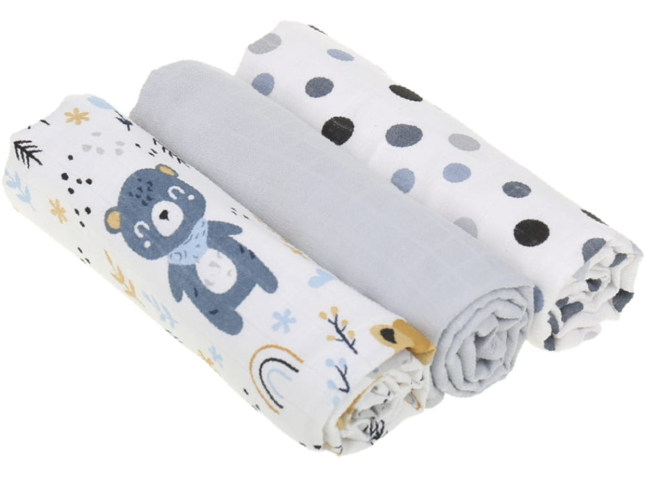 Dětské mušelínové pleny BABYMAM PREMIUM 70x75 cm - sada 3 ks - Zvířecí kamarádi a puntíky