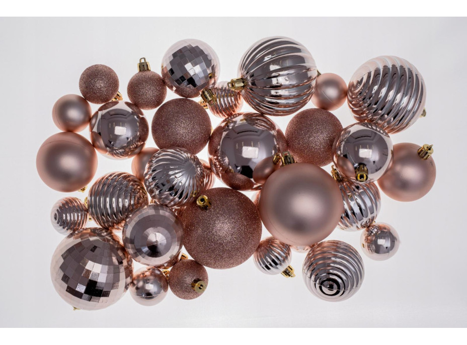 Vánoční závěsné baňky na stromeček - 3 velikosti - 6 druhů - 36 ks - rose gold
