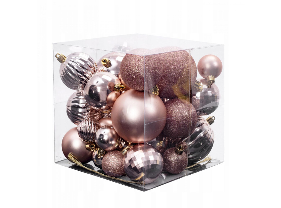 Vánoční závěsné baňky na stromeček - 3 velikosti - 6 druhů - 36 ks - rose gold