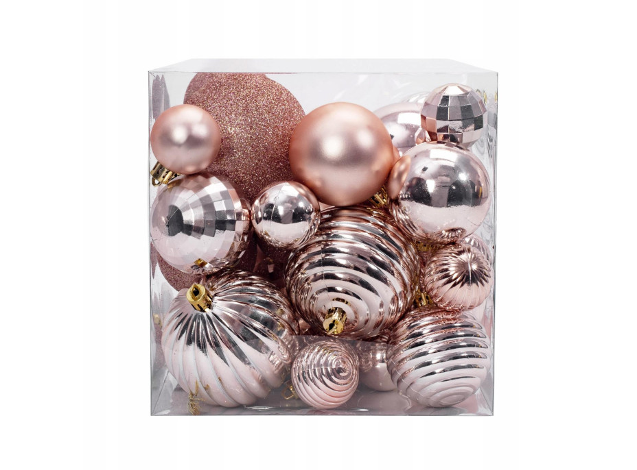 Vánoční závěsné baňky na stromeček - 3 velikosti - 6 druhů - 36 ks - rose gold