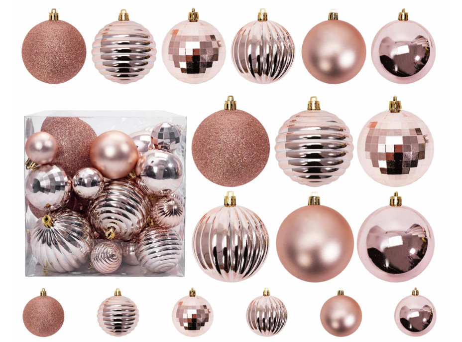Vánoční závěsné baňky na stromeček - 3 velikosti - 6 druhů - 36 ks - rose gold