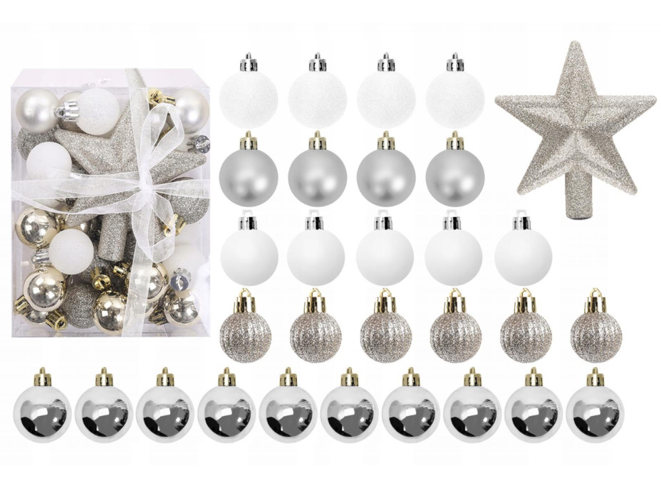 Vánoční závěsné baňky na stromeček - 5 druhů - 29 ks - stříbrné
