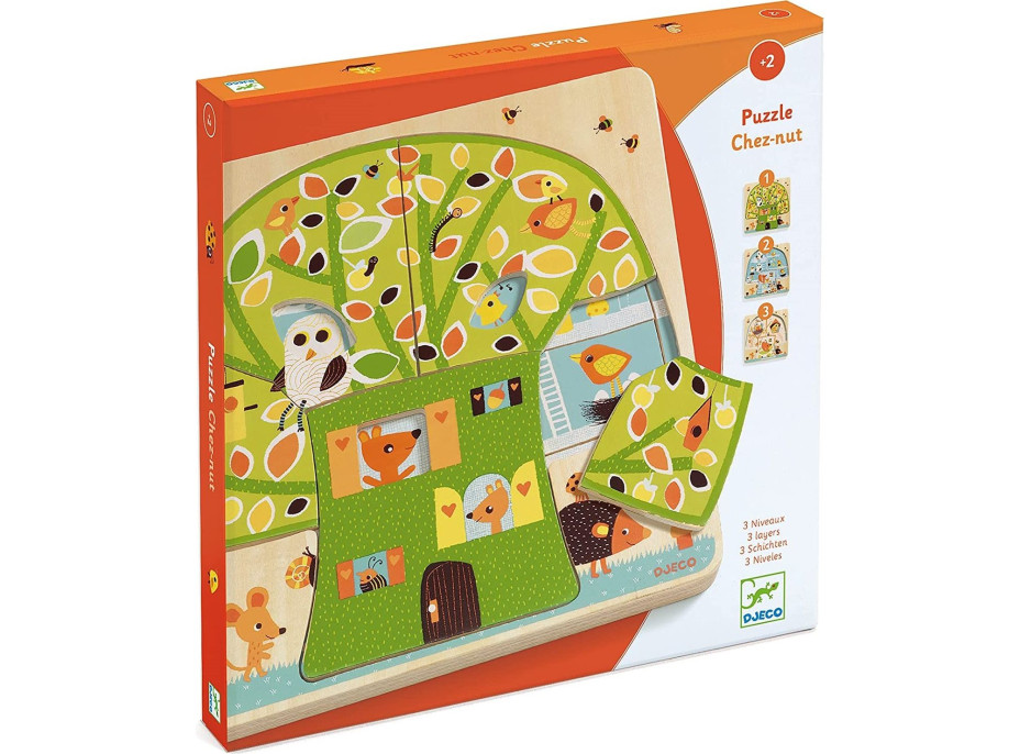 DJECO Vícevrstvé dřevěné puzzle Veverčí domeček U Oříšku 12 dílků