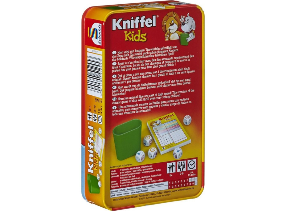 SCHMIDT Dětská hra s kostkami Kniffel Kids v plechové krabičce
